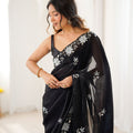 Designer Embroidered Black Satin Saree Party Wear