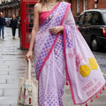 Lavender Printed Saree Pink Border Designer Pallu Trendy Saree