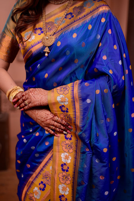 Royal Blue Paithani Silk Saree with Golden Zari Border