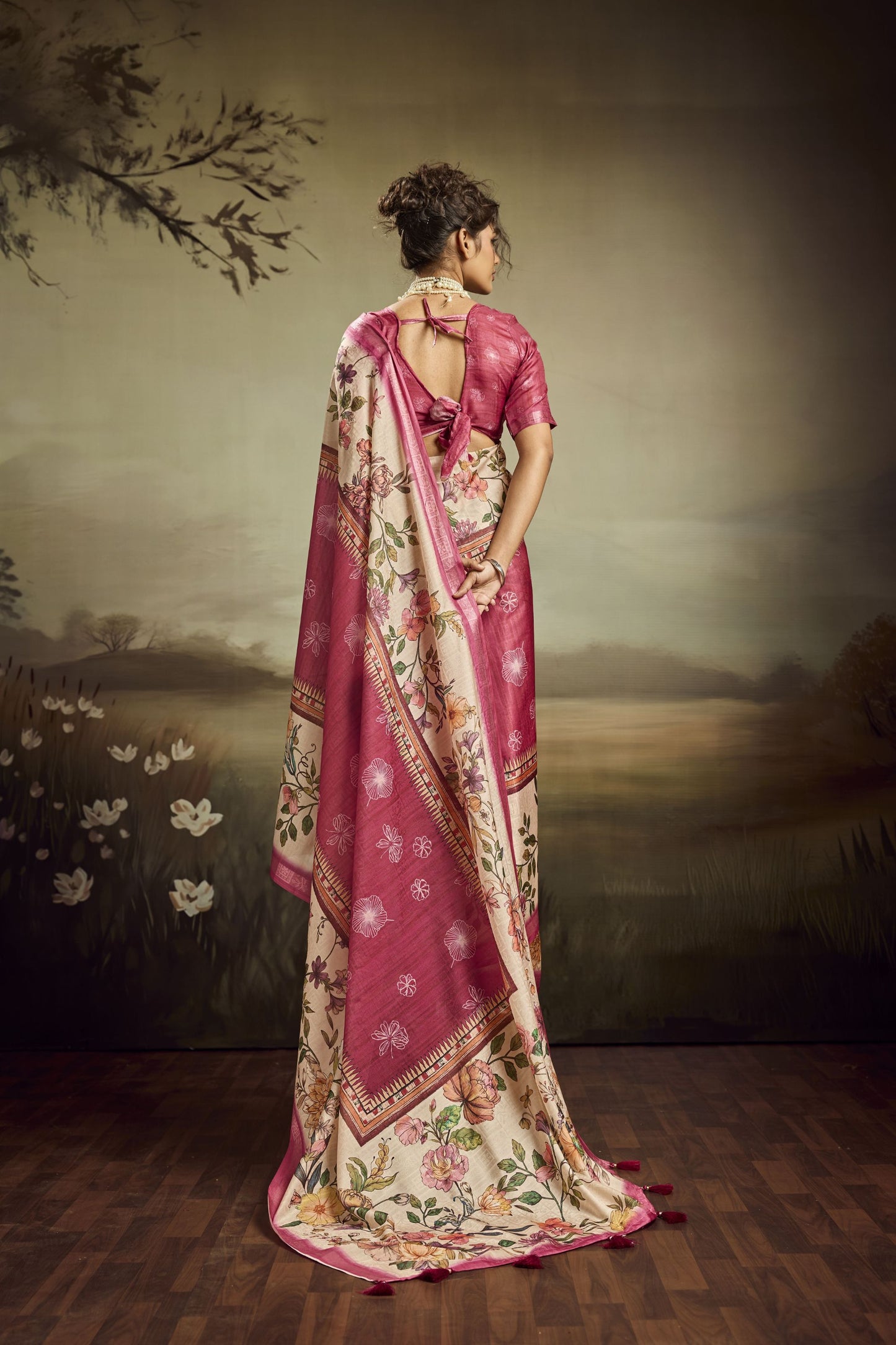 Pink Linen Silk Saree Floral Digital Print Designer Tassel Pallu