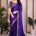 Royal Purple Silk Saree with Floral Embroidered Border Designer Blouse