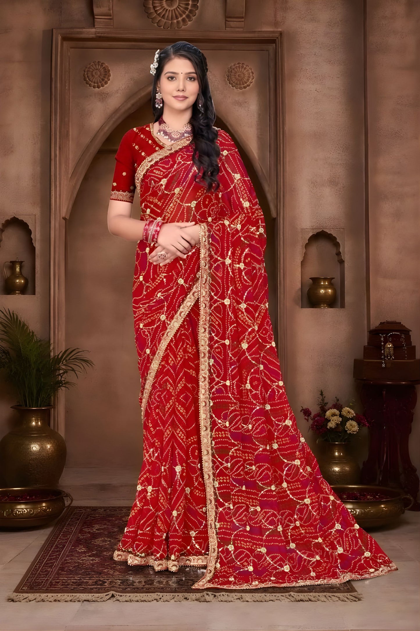 Designer Red Georgette Bandhani Saree Gota Patti Work Embroidered Border