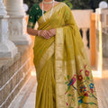 Olive Green Tussar Silk Saree Multicolor Floral Motif Designer Pallu