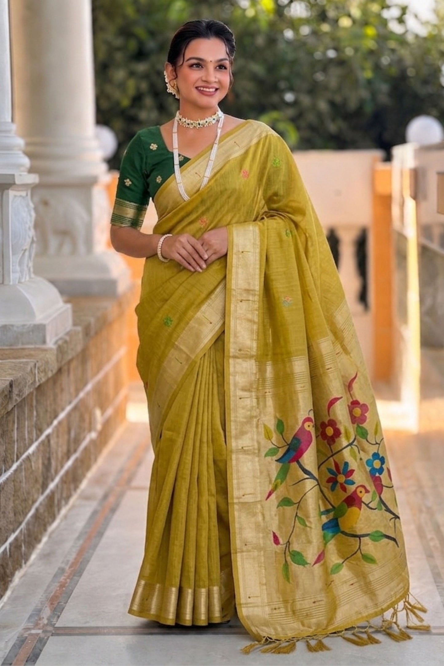 Olive Green Tussar Silk Saree Multicolor Floral Motif Designer Pallu