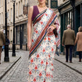 Off White Floral Printed Cotton Saree Border Designer Blouse 