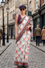 Off White Floral Printed Cotton Saree Border Designer Blouse 
