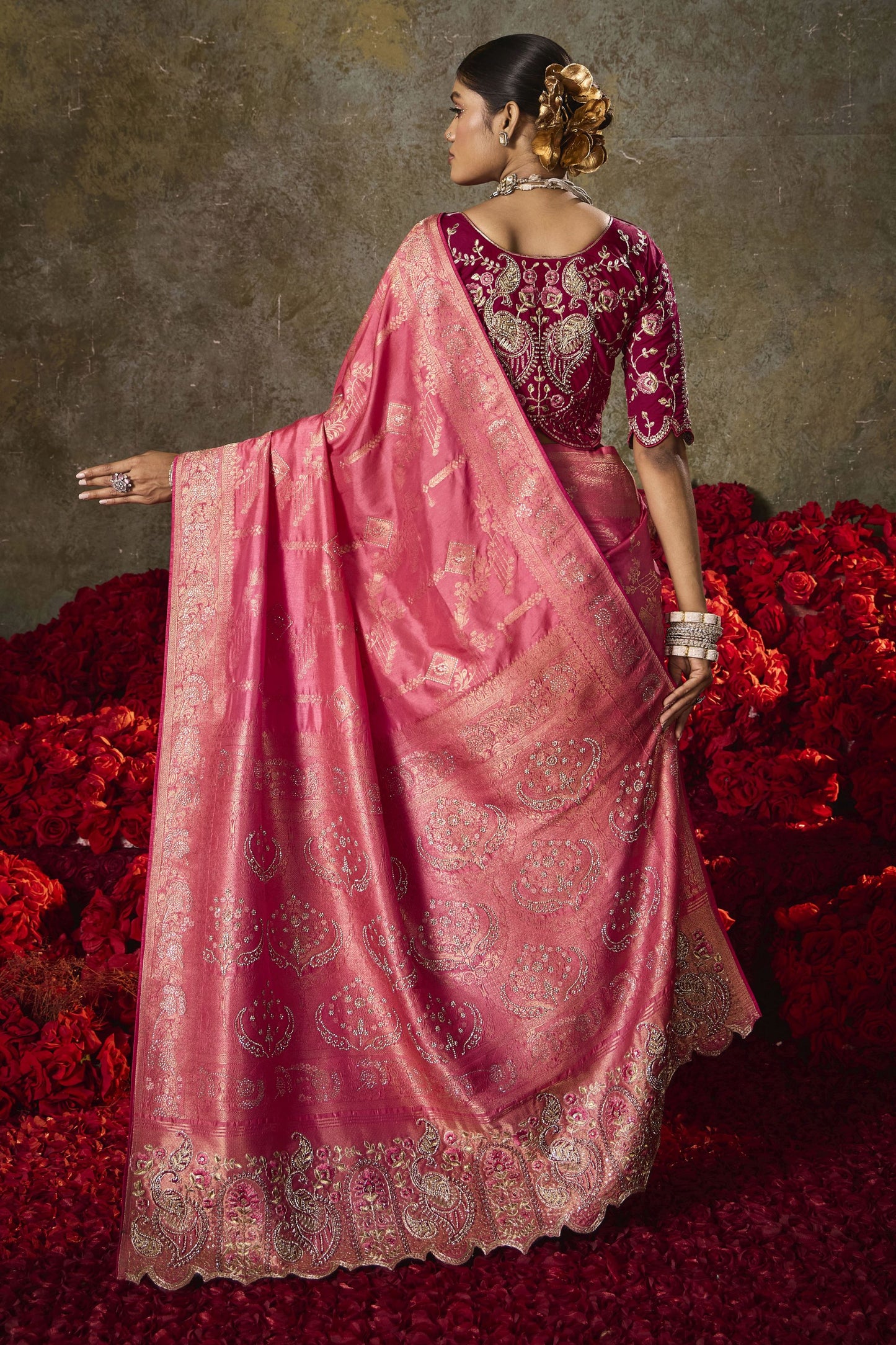 Rani Pink Banarasi Silk Saree with Gold Zari Weaving Embroidered Blouse