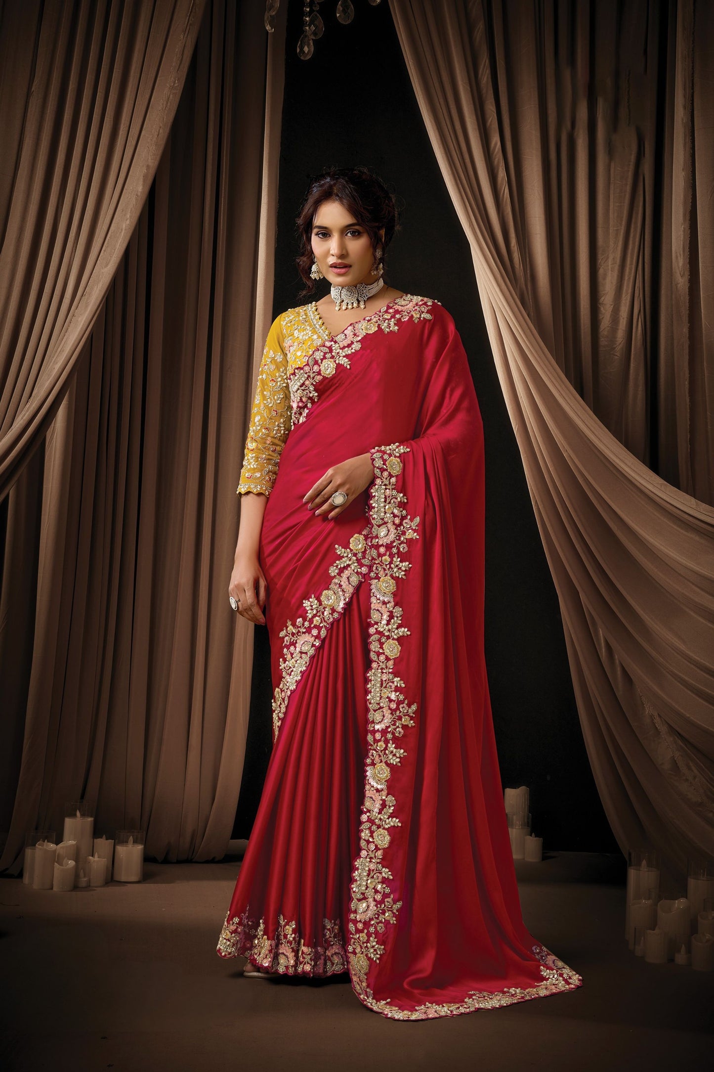 Luxury Red Designer Saree with Heavy Embroidery Stone Work