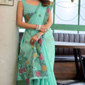 Elegant Sea Green Linen Cotton Saree with Floral Printed Border