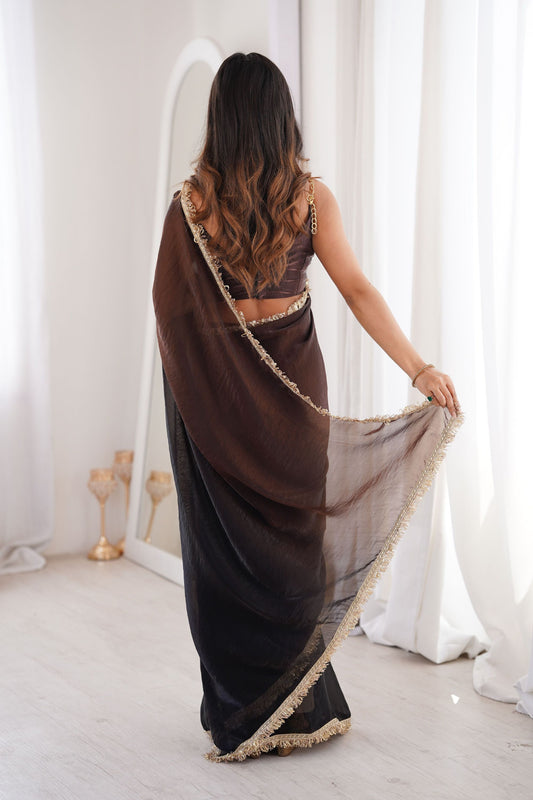Black Organza Silk Saree with Designer Golden Lace Border