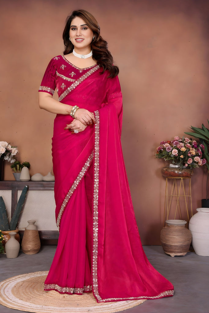 Pink Silk Blend Saree with Embroidered Border Designer Blouse