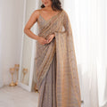 Luxury Taupe Grey Organza Saree with Zari Stripe Work Party Wear