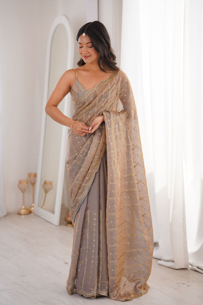Luxury Taupe Grey Organza Saree with Zari Stripe Work Party Wear