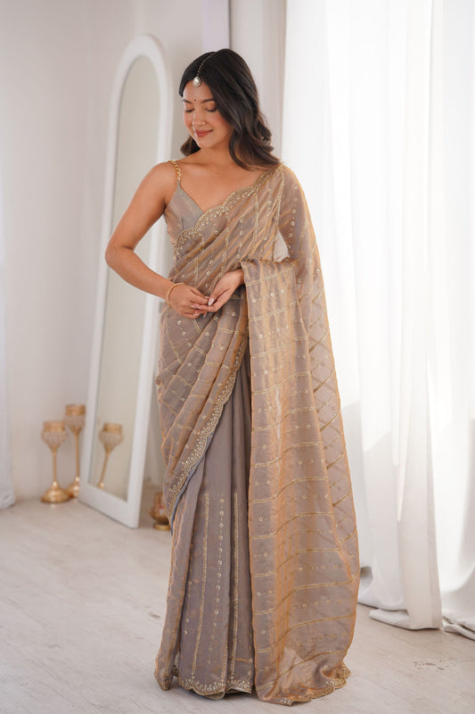 Luxury Taupe Grey Organza Saree with Zari Stripe Work Party Wear