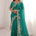 Bottle Green Organza Saree Heavy Floral Zari Embroidery Designer Blouse