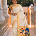 Off White Cotton Silk Saree Golden Border Peacock Floral Designer Pallu
