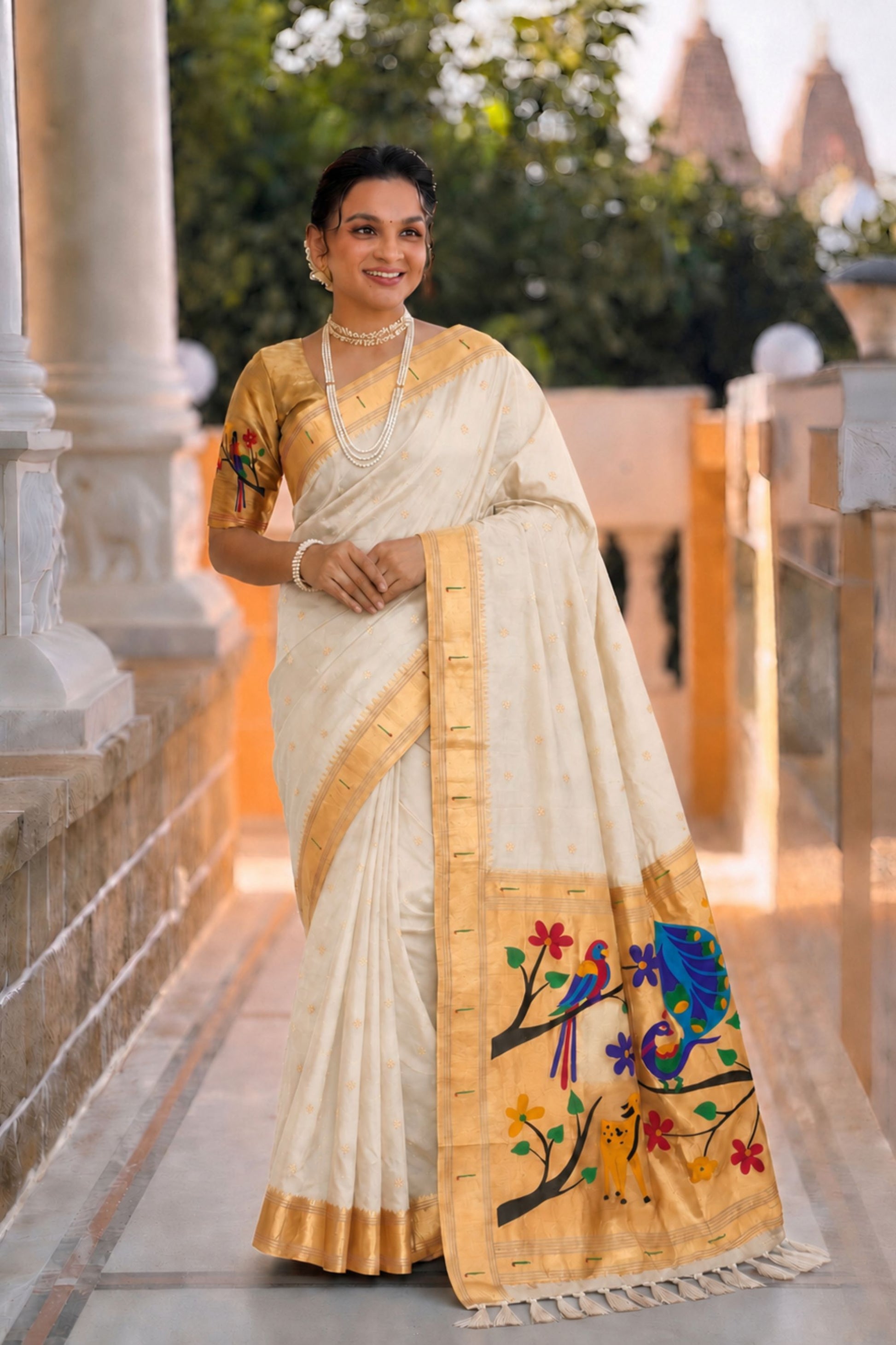 Off White Cotton Silk Saree Golden Border Peacock Floral Designer Pallu