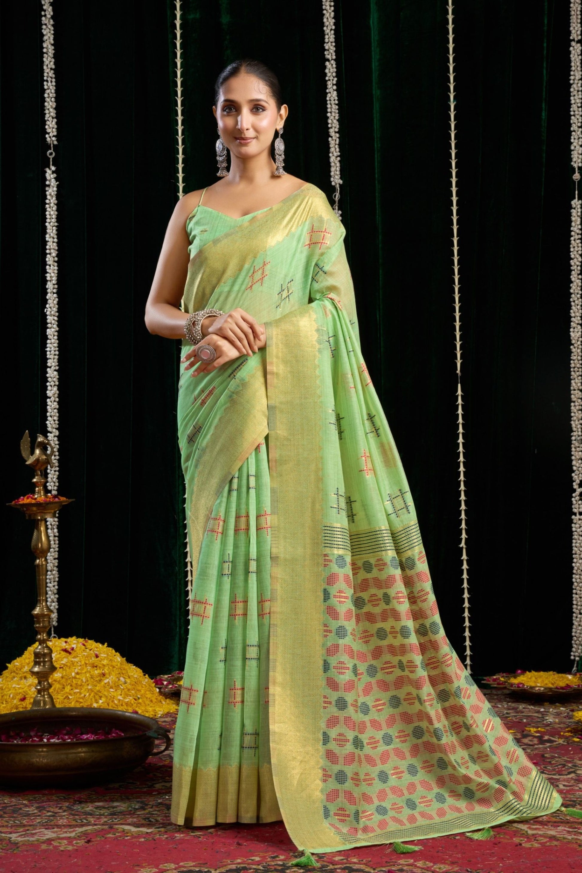Light Green Woven Soft Silk Saree with Motif Design Contrast Pallu 
