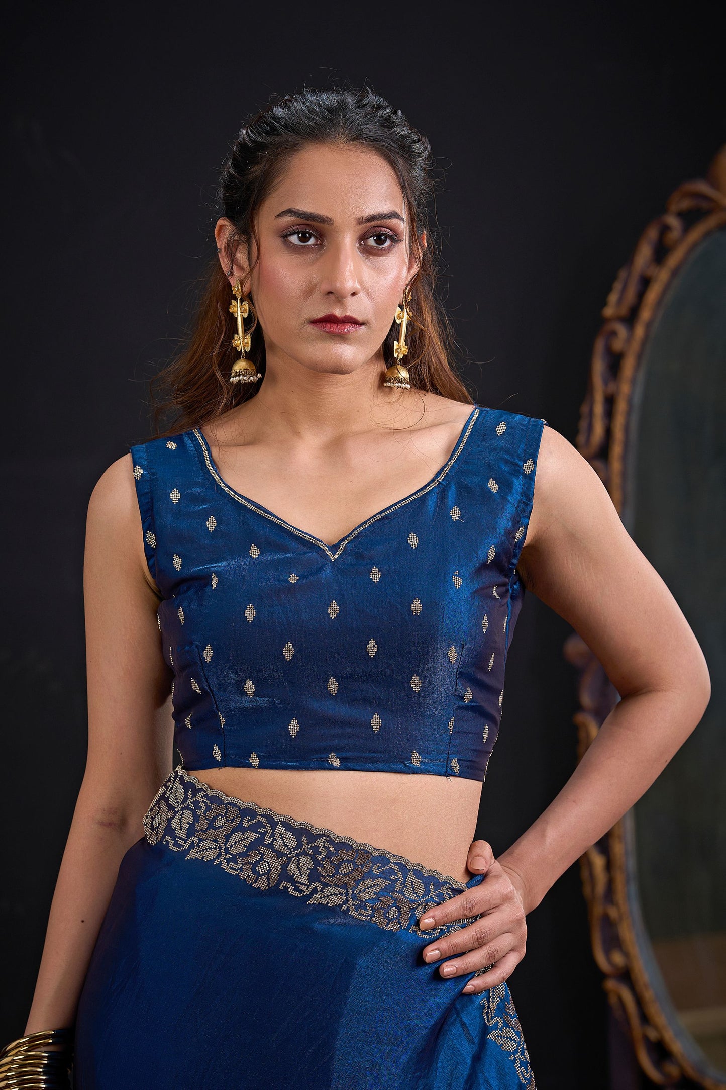 Royal Blue Silk Saree with Antique Gold Zari Border Party Wear Saree