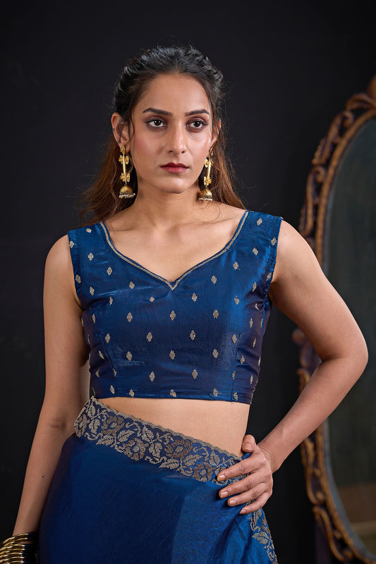Royal Blue Silk Saree with Antique Gold Zari Border Party Wear Saree