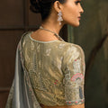 Silver Grey Embroidered Silk Saree with Zari Floral Work Wedding Wear