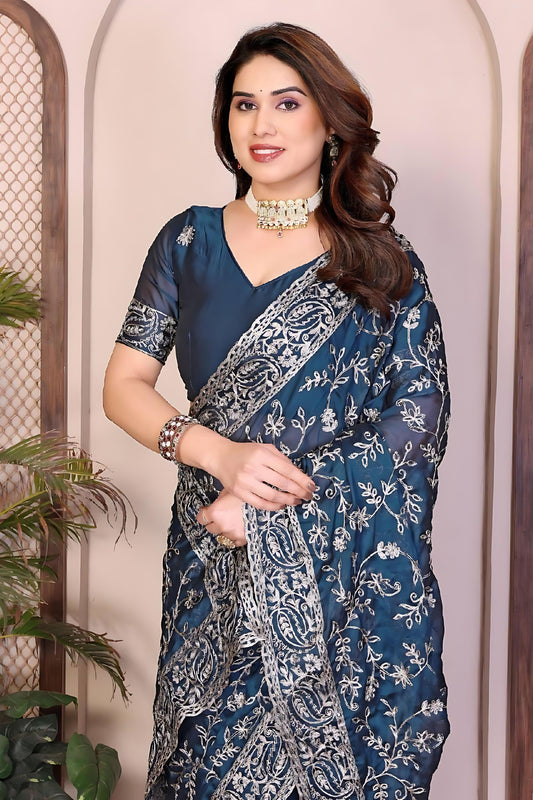 Navy Blue Designer Embroidered Saree with Heavy Sequins Work