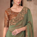 Olive Green Silk Saree Zari Embroidered Border Designer Blouse
