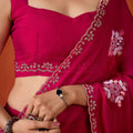 Wine Red Embroidered Georgette Saree Floral Motifs Designer Border