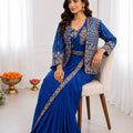 Royal Blue Designer Saree Heavy Golden Embroidered Border Matching Jacket Set