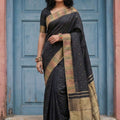  Black Silk Saree with Golden Zari Border Traditional Buti Design 