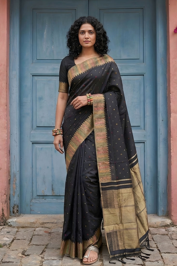  Black Silk Saree with Golden Zari Border Traditional Buti Design 