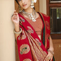 Bottle Green Red Banarasi Silk Saree Gold Zari Peacock Motifs Saree