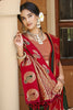 Bottle Green Red Banarasi Silk Saree Gold Zari Peacock Motifs Saree