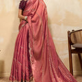 Rose Pink Silk Blend Saree Golden Zari Embroidery Designer Blouse 