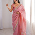 Elegant Pink Linen Designer Saree with Mirror Work Border