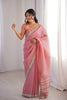 Elegant Pink Linen Designer Saree with Mirror Work Border