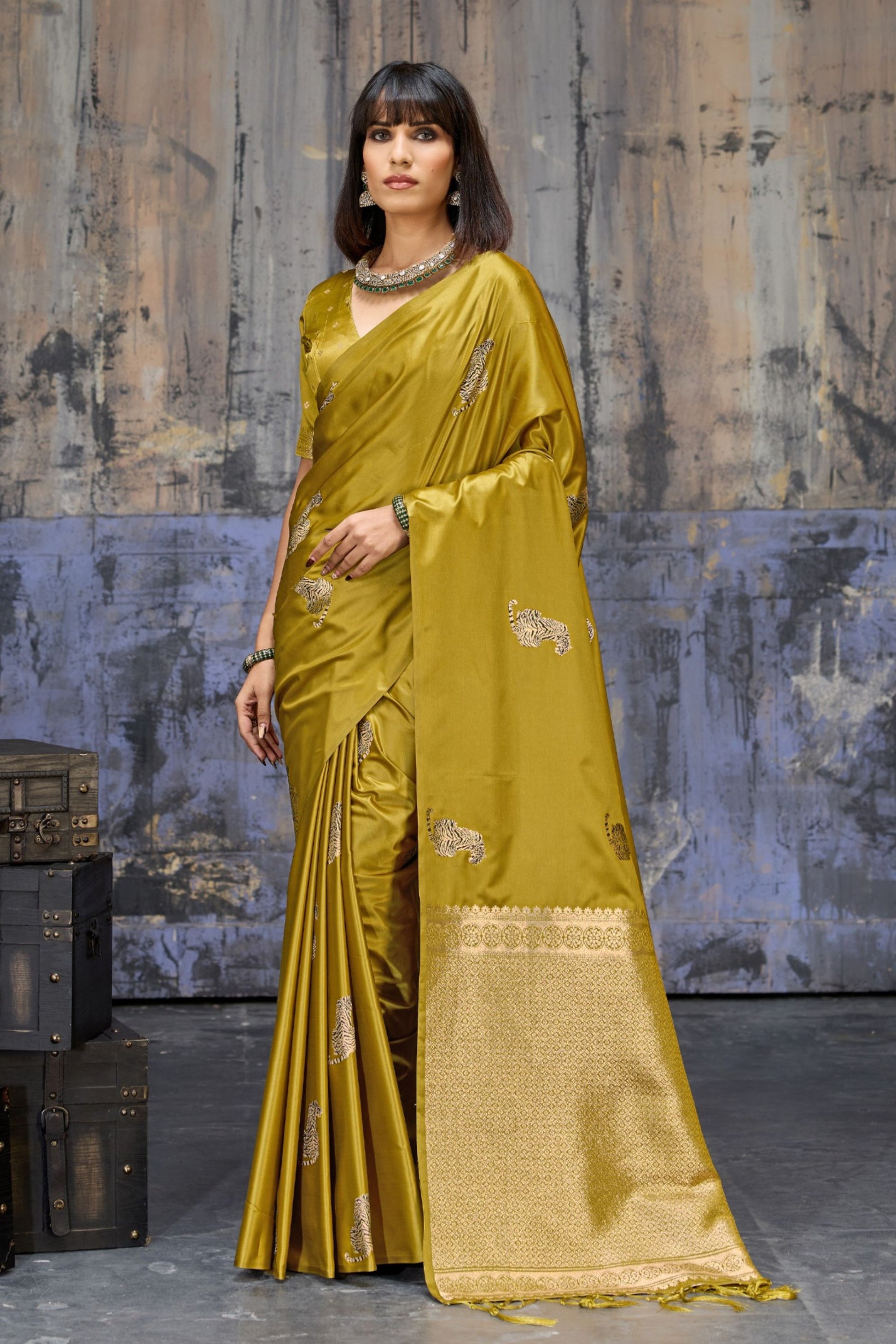 Premium Mustard Gold Banarasi Silk Saree Rich Zari Woven Border 