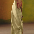 Beige Silk Saree Embroidered Red Border Readymade Blouse