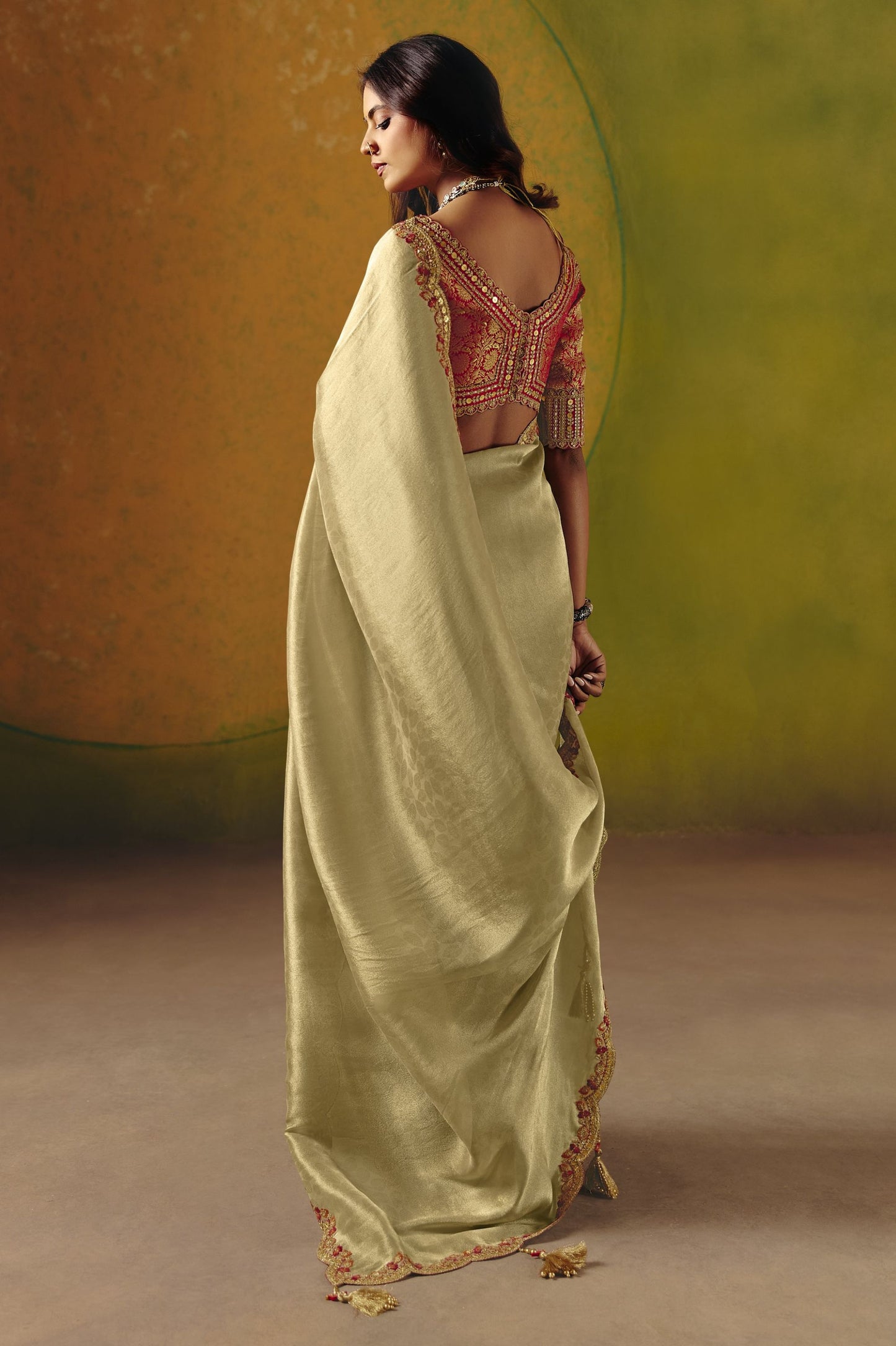 Beige Silk Saree Embroidered Red Border Readymade Blouse