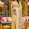 Mustard Yellow Silk Saree Multicolor Peacock Floral Print Zari Border