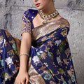 Royal Blue Banarasi Silk Saree Gold Zari Border Floral Weaving Saree