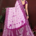Purple Pink Tie-Dye Silk Saree with Silver Woven Border