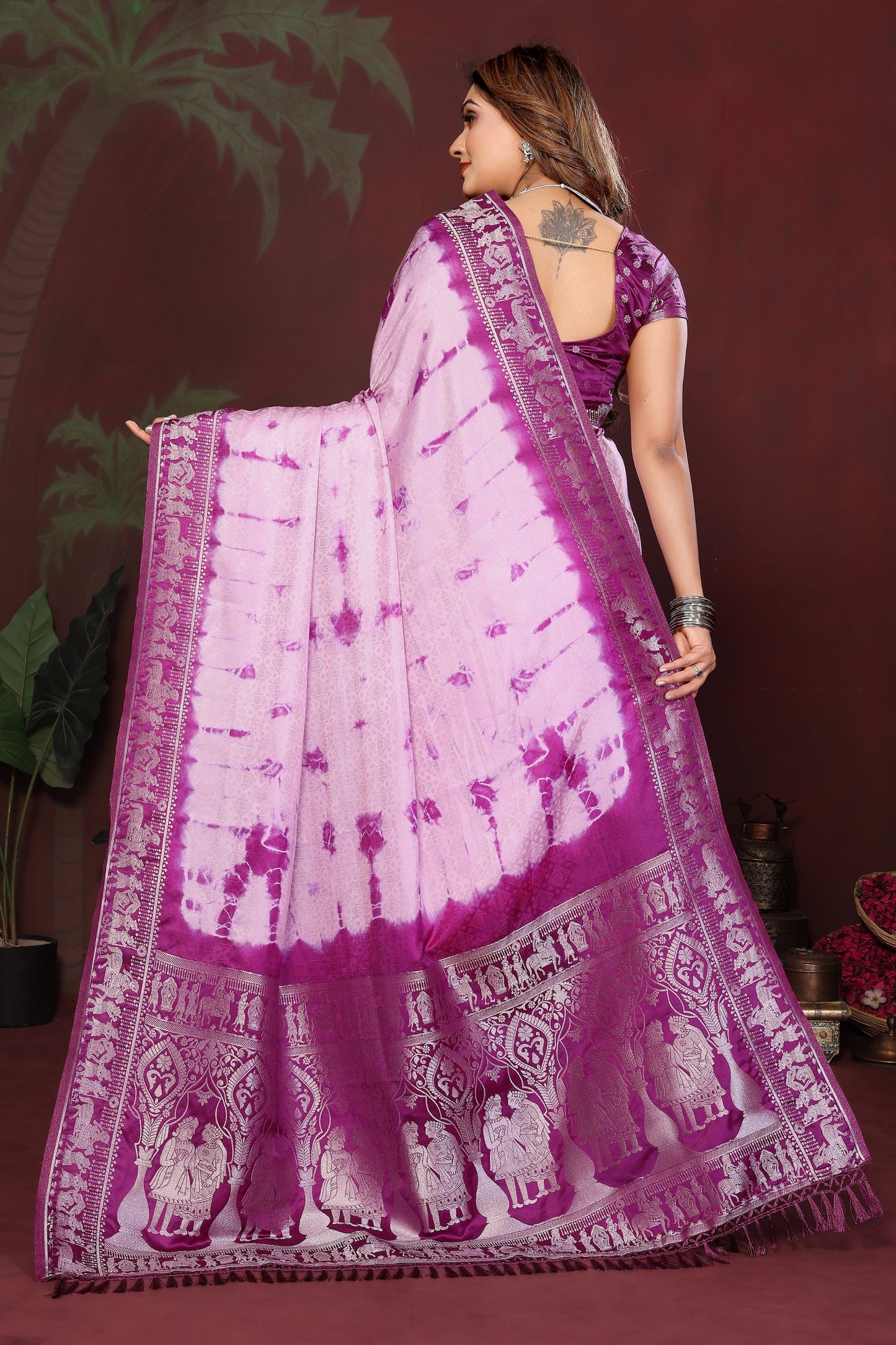 Purple Pink Tie-Dye Silk Saree with Silver Woven Border