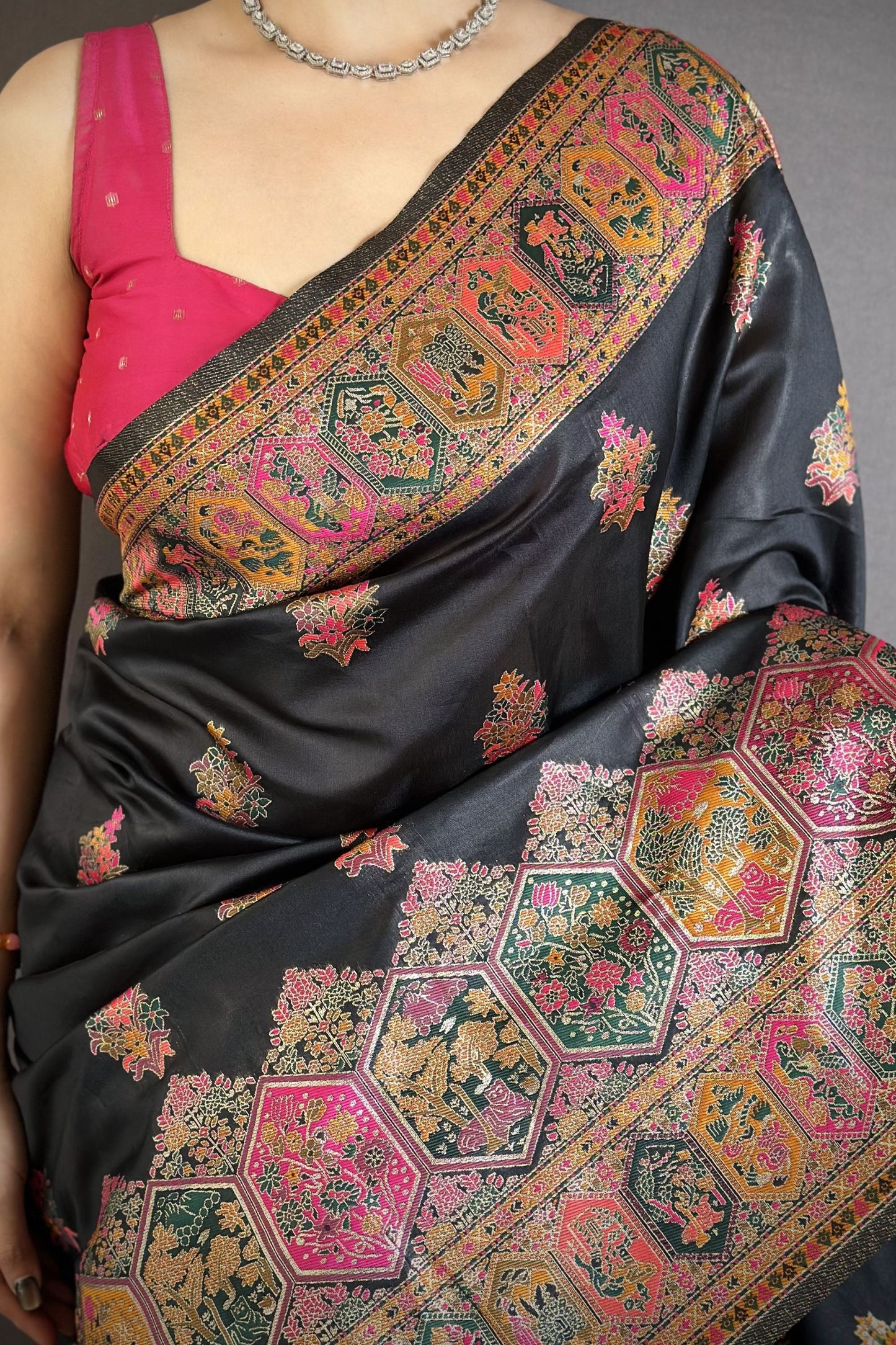 Black Soft Silk Traditional Saree Pink Gold Woven Border