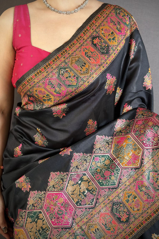 Black Soft Silk Traditional Saree Pink Gold Woven Border