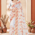 Designer Grey Net Floral Embroidered Saree Heavy Scalloped Border Blouse
