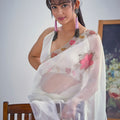 Designer Off White Organza Saree with Floral Embroidery Saree