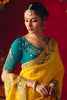Yellow Floral Embroidered Silk Saree with Contrast Teal Blouse