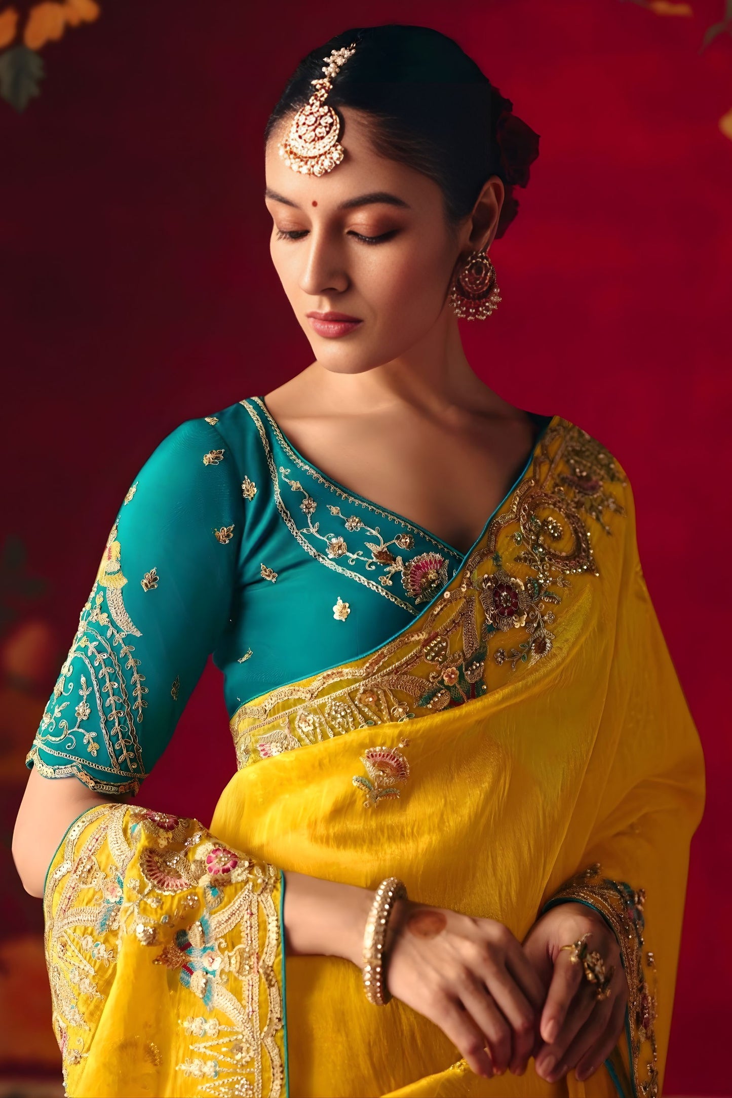 Yellow Floral Embroidered Silk Saree with Contrast Teal Blouse