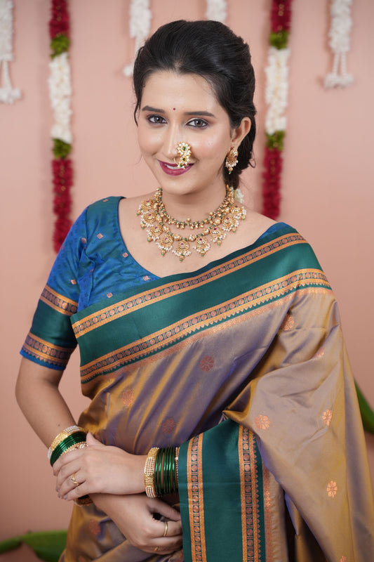 Mauve Silk Saree with Green Woven Border Traditional Design
